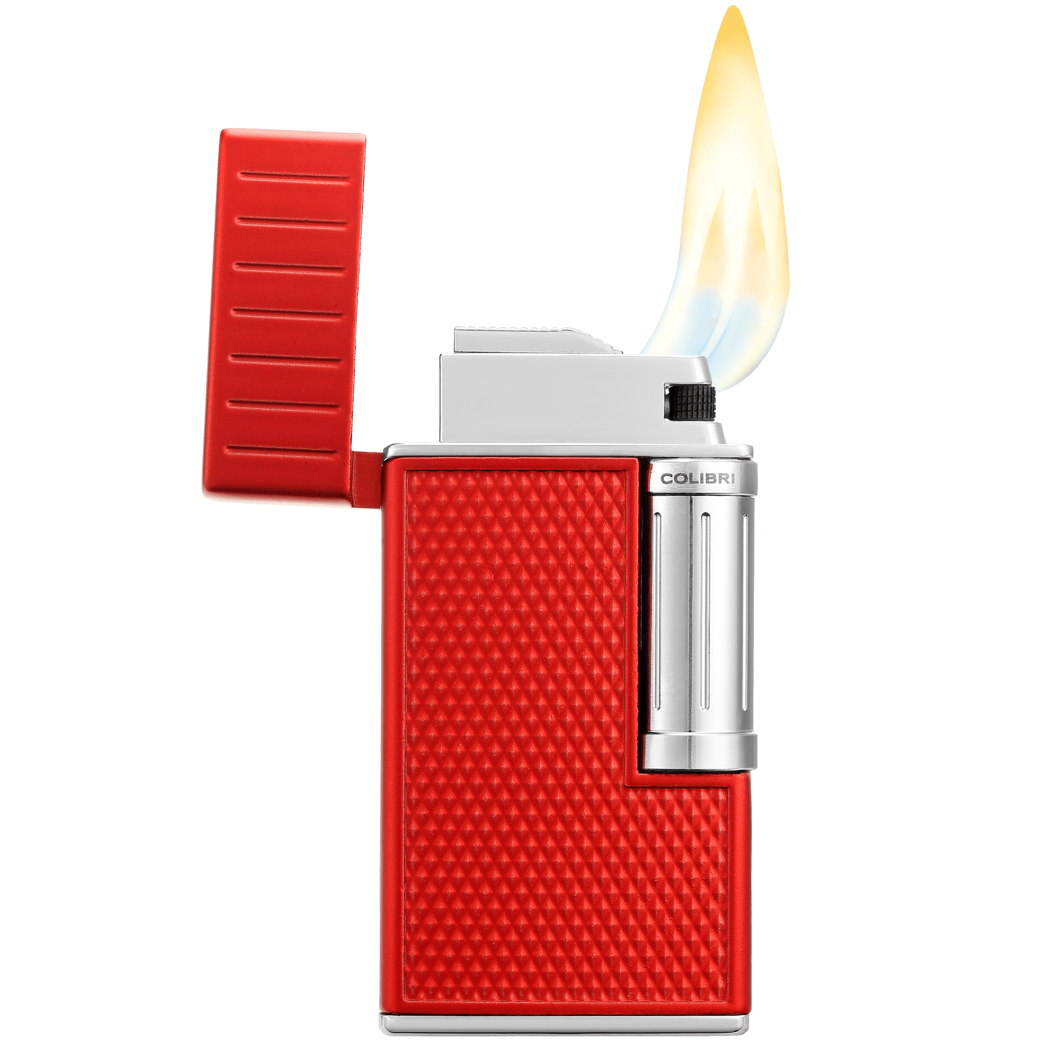 Colibri Julius Double Flame Butane Flint Cigar Lighter with Diamond-Pattern Case, Windproof & Refillable, Cigar Enthusiast's Choice with Blue Fuel Window and Adjustable Flame (Red)