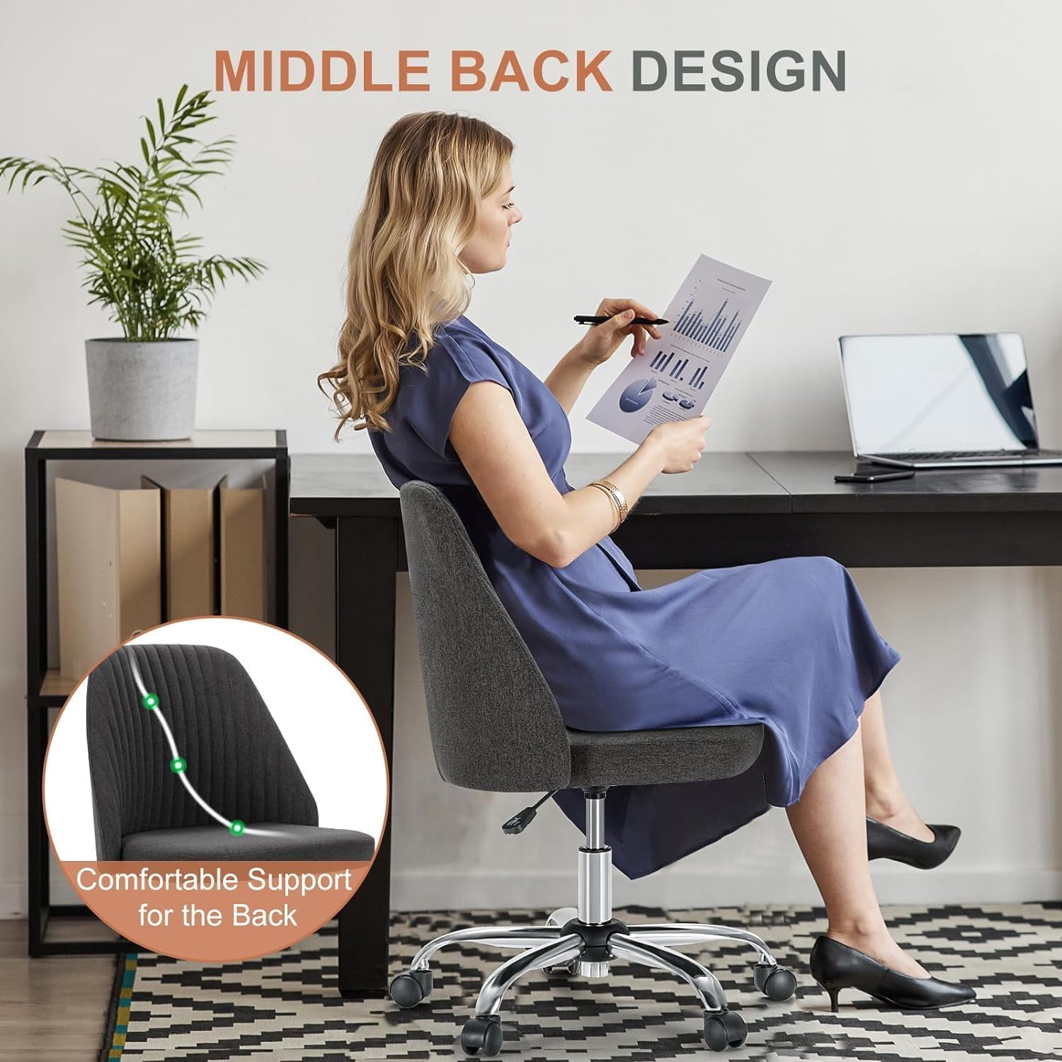 Colorful Linen Desk Chair, Comfy Thick Seat with Swivel Wheels, Armless Task Chair, Dark Gray
