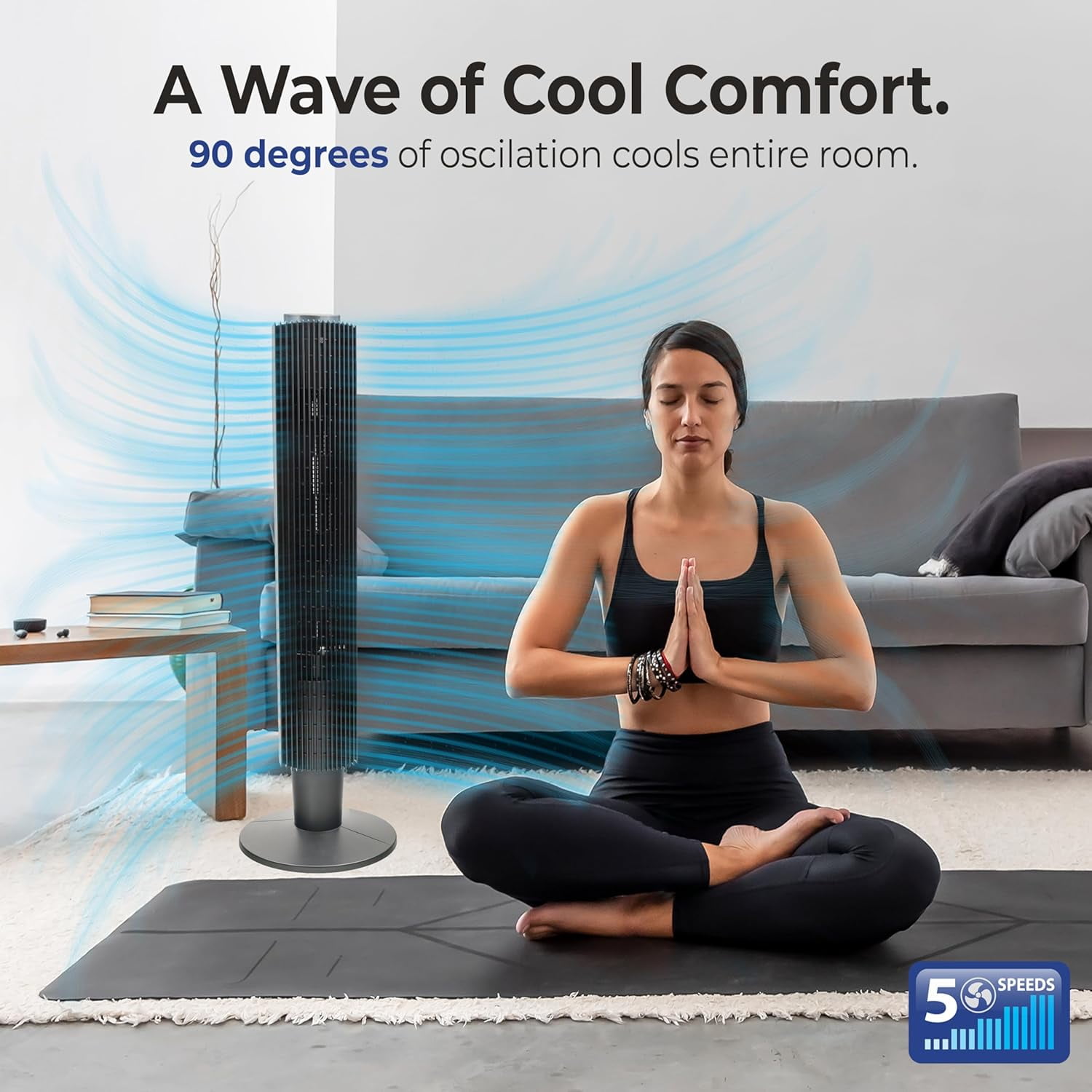 Comfort Zone 42 in. Tower Fan, Remote, 5 Speed, Timer, Wi-Fi