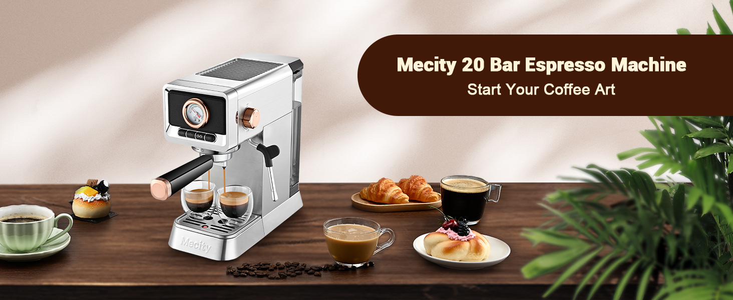 Mecity 20 Bar Espresso Machine with Milk Frother, Brushed Stainless Steel  Shell, 37 fl.Oz Water Reservoir, Coffee Maker For Espresso, Latte, Mocha