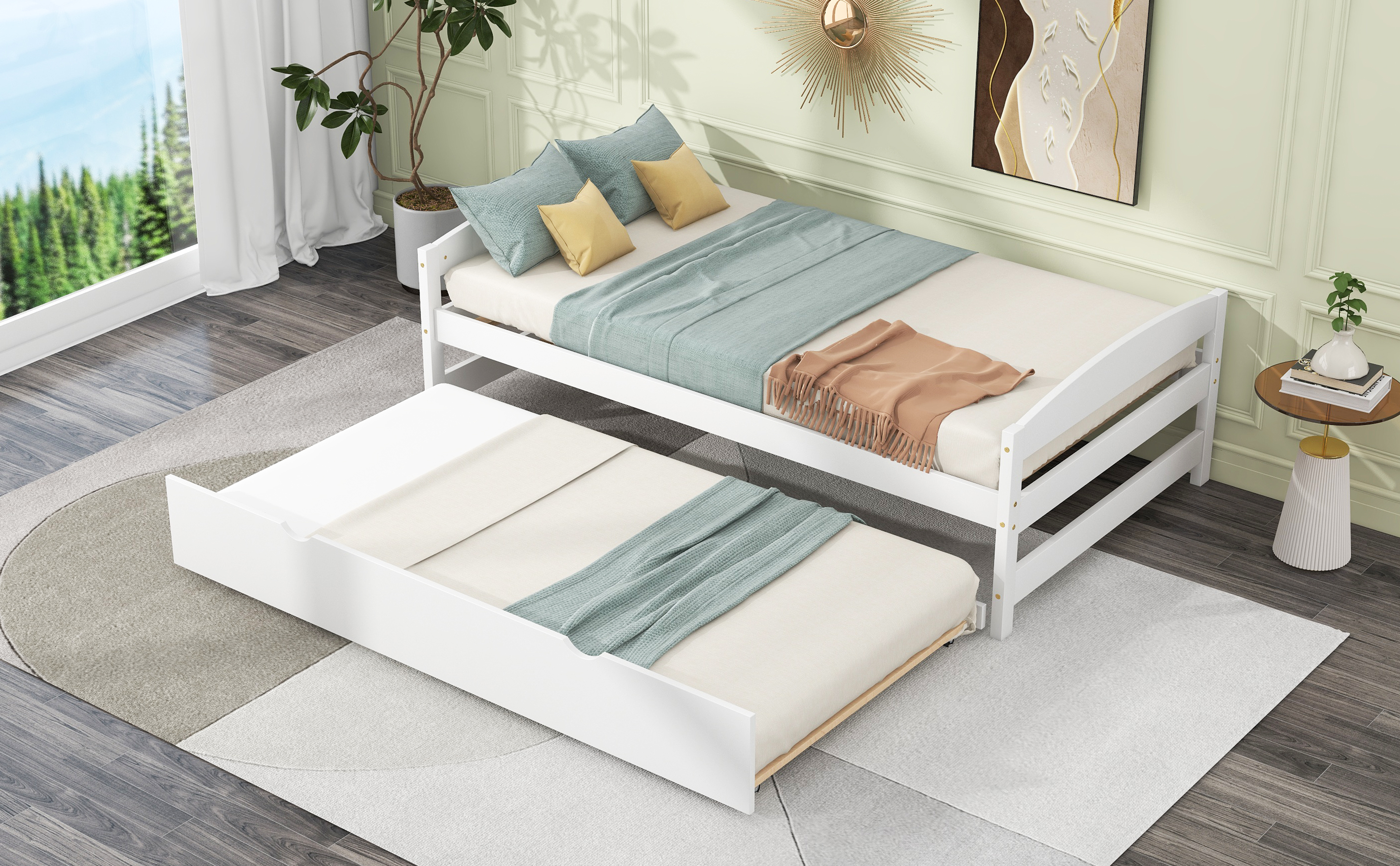 Twin Size Platform Bed with Twin Size Trundle, White