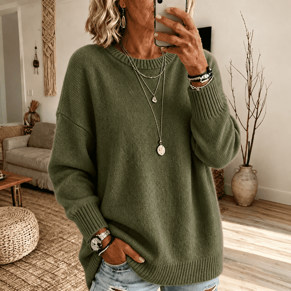 Women Crew Neck Drop Shoulder Oversized Solid Color Knit Sweater Long Sleeve Casual Fall Pullover 2XL
