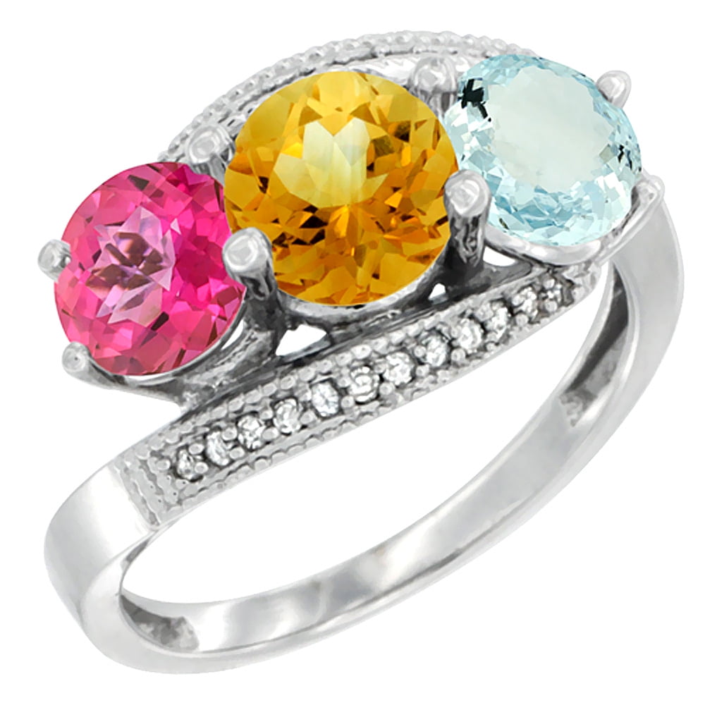 14K White Gold Natural Pink Topaz, Citrine & Aquamarine 3 stone Ring Round 6mm Diamond Accent, size 5 by Gabriella Gold