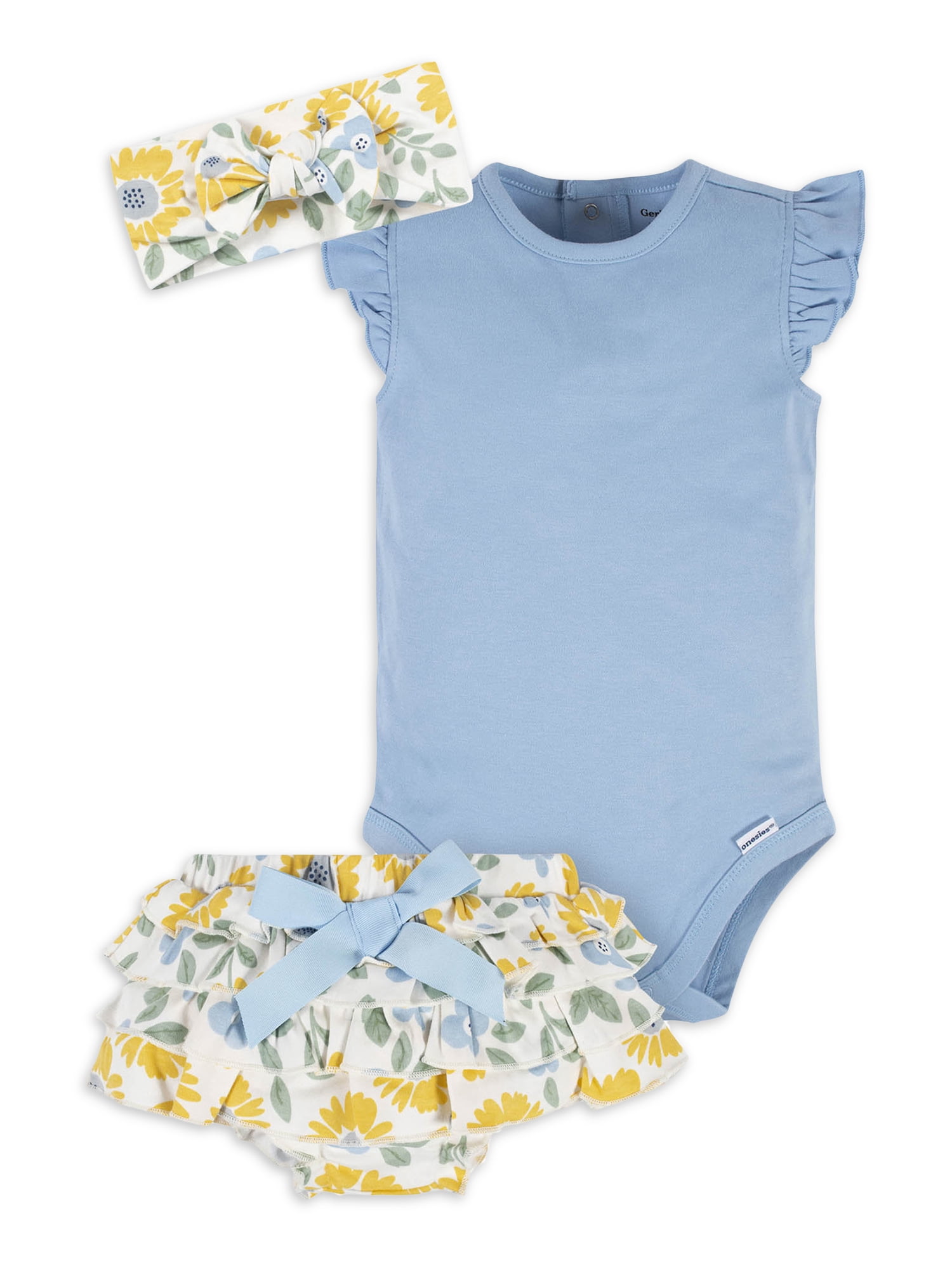 Gerber Baby Girl Onesies Bodysuit, Diaper Cover & Headband Outfit Set