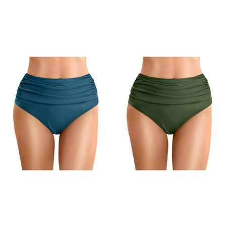 (2-Pack) Kcodviy Women Plus Size High Junior Bathing Suits Shorts Waist Bikini Bottoms Swim Briefs Beach Shorts Ruched Bottom High Cut Swim Bottom Full Coverage Swimsuit Bottom Sports Yoga Shorts Sw