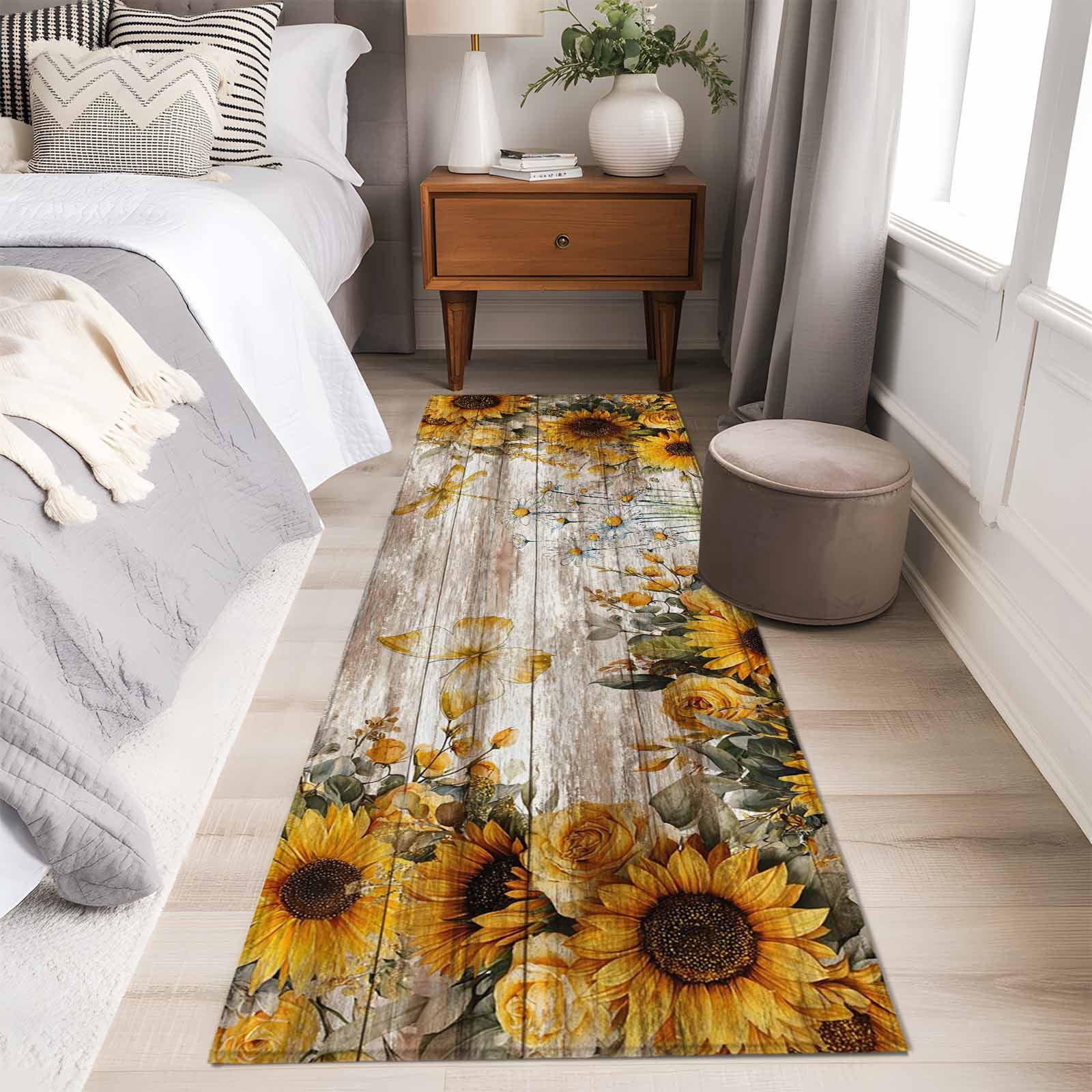 Runner Rug 2'x6', Farmhouse Sunflower Washable Non-Slip Hallway Runner Rugs, Vintage Daisy Butterflies Rustic Wood Bedside Rugs Floor Mats Carpet Runners for Kitchen Bathroom Laundry Room
