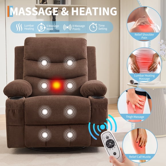 Oversized Recliner Chair with Massage & Heat, 360° Swivel Rocker Glider, Manual Reclining, Cup Holder, Storage Pockets, Comfy Lounge Accent Chair for Living Room, Bedroom, RV - Linen | Brown