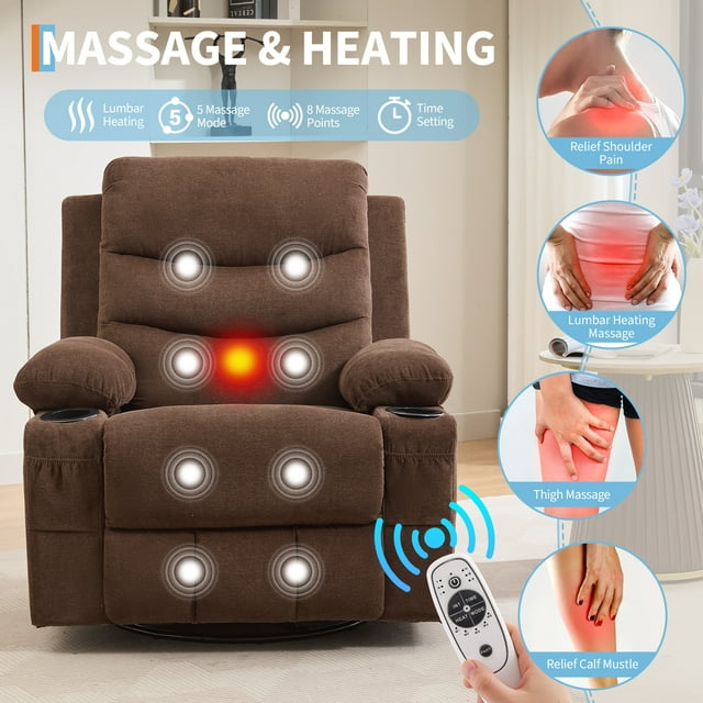 Oversized Recliner Chair with Massage & Heat, 360° Swivel Rocker Glider, Manual Reclining, Cup Holder, Storage Pockets, Comfy Lounge Accent Chair for Living Room, Bedroom, RV - Linen | Brown