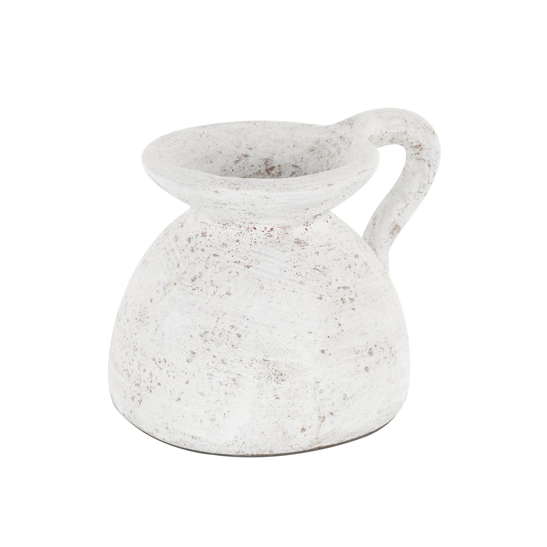 DecMode 9" Antique Style Textured Pot White Ceramic Vase with Handle