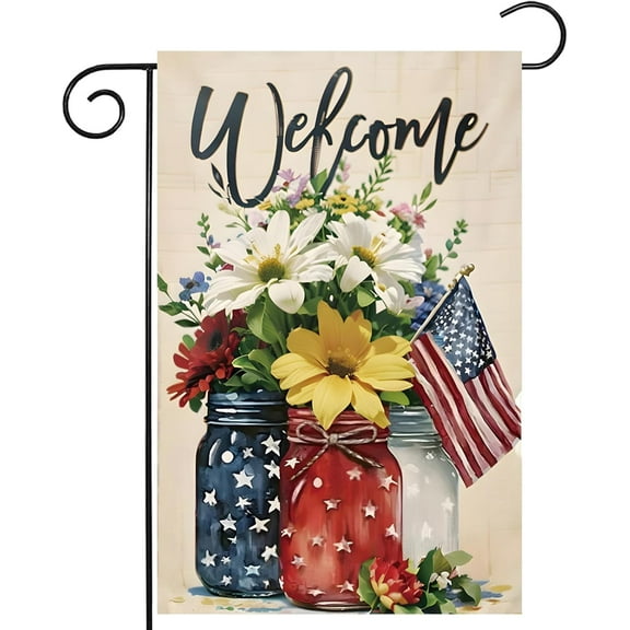 Remain Unique 4th of July Mason Jar Flowers Summer Garden Flag 12x18, Patriotic Celebration Double-Sided Decorative Burlap Yard Flag for Memorial Day Independence Day Outside Decoration