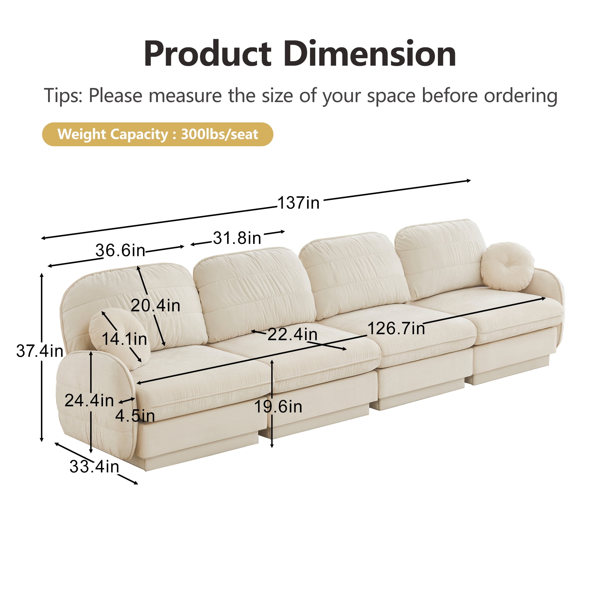 Mintazer 137" Chenille Cloud 4-Seater Modular Sectional Sofa with 2 Round Pillows, Easy Assembly Ergonomic Comfy Sofa Couch for Living Room, Apartment, Cream