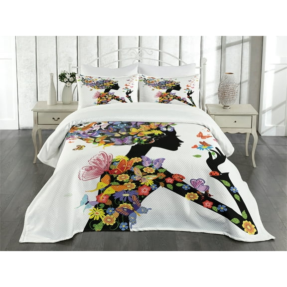 Ambesonne Colorful Quilted Bedspread Set 3 Pcs, Flowers with Butterfly, Queen Size, Multicolor