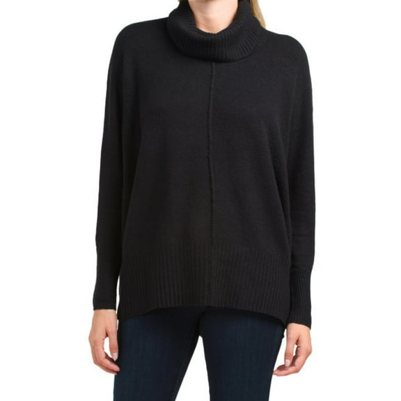 Jessica Simpson Women's Long Sleeve Cowl Neck Poncho Knit Tunic Sweater-Black / S
