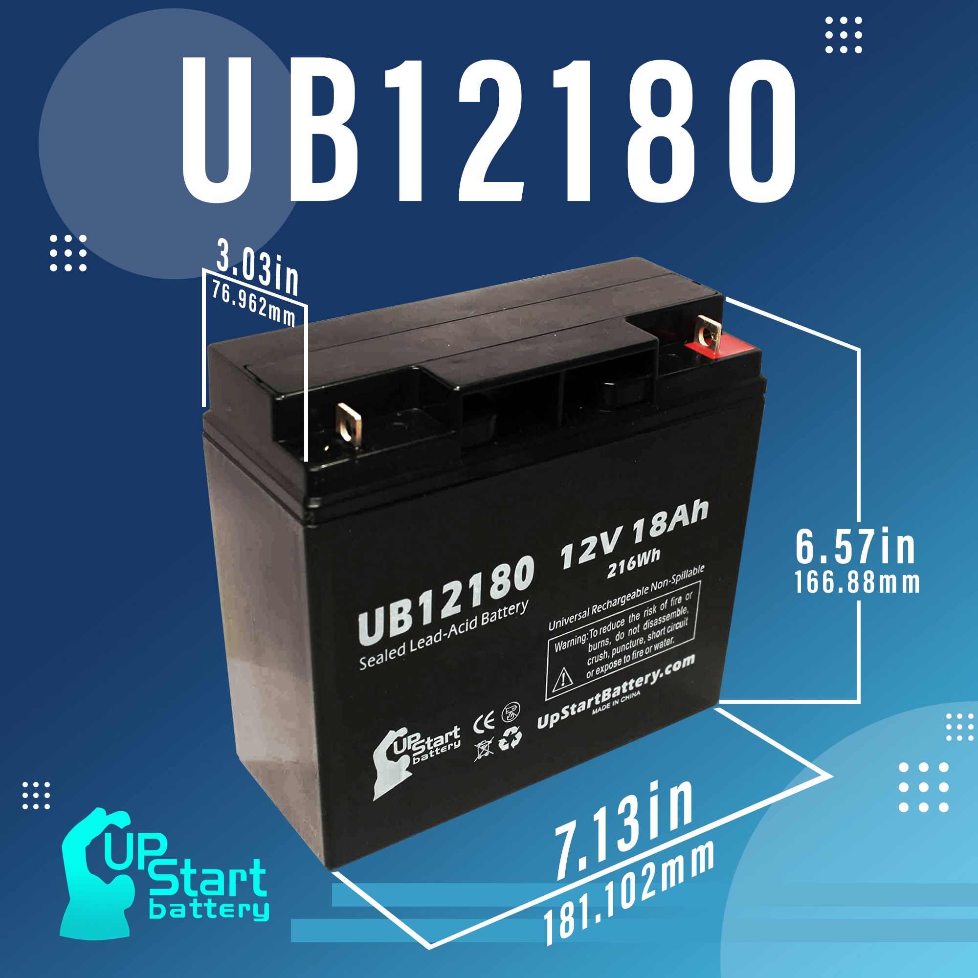 KUNG LONG WP18-12 Battery Replacement - UB12180 Universal Sealed Lead Acid Battery (12V, 18Ah, 18000mAh, T4 Terminal, AGM, SLA) - image 4 of 6