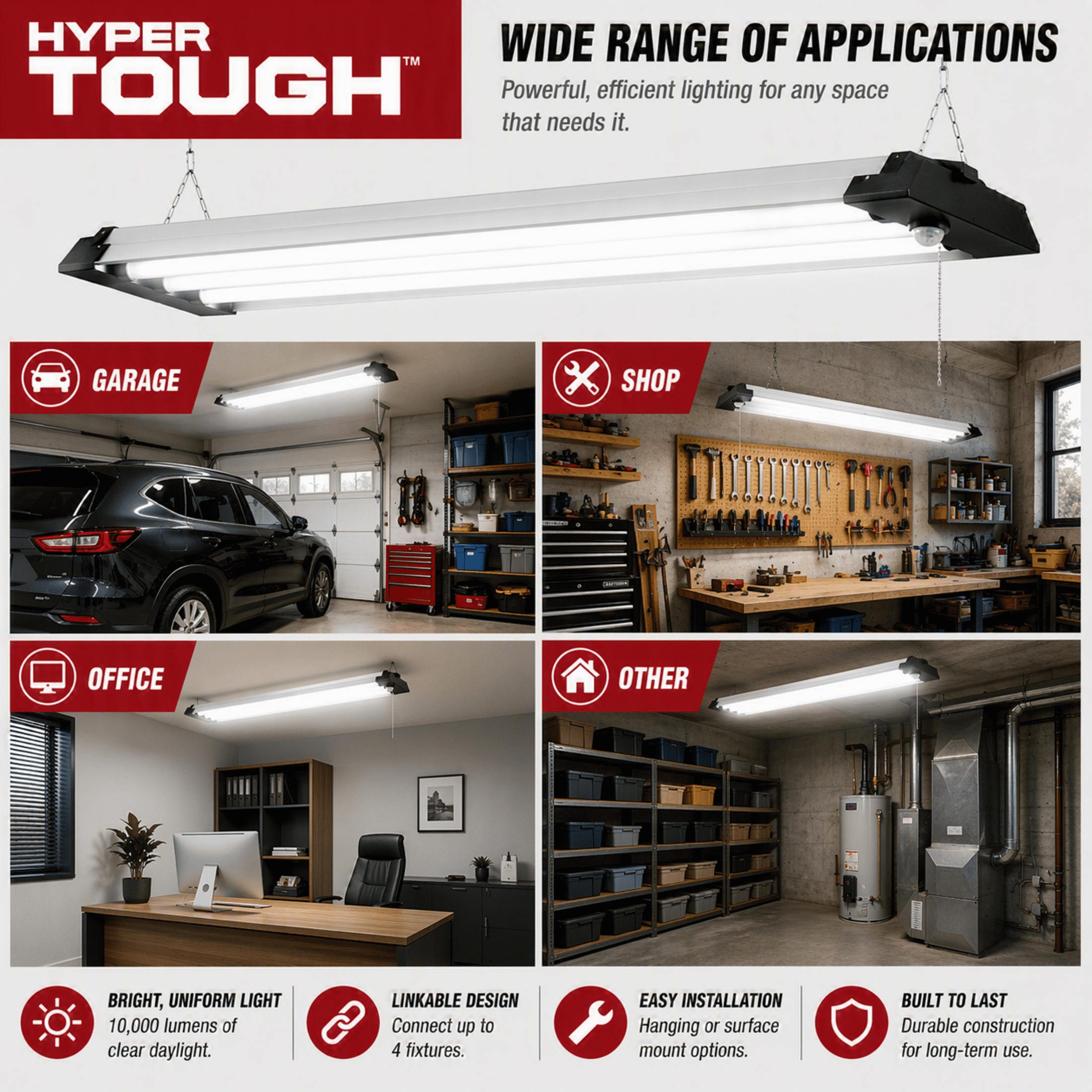 (2 pack) Hyper Tough 4-ft 10000 Lumen Plug-in 4-Tube Integrated LED Shop Light Fixture, Grey Finish (1 Pack)