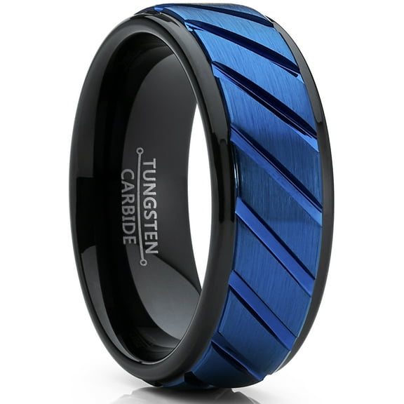 Metal Masters Tungsten Carbide Black Blue Wedding band Engagement Ring Grooved Raised Center Comfort-Fit