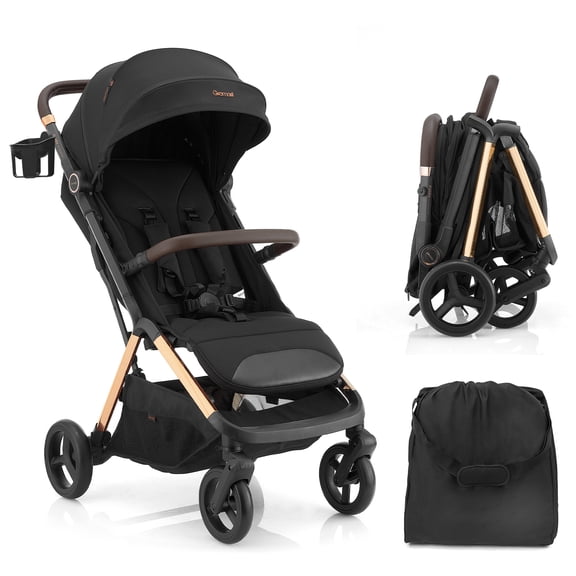 Gromast 3 in 1 Baby Stroller, Portable Travel Newborn Toddler Stroller with Cup Holder & UPF 50 Canopy, One-Hand Automatic Folding - Black