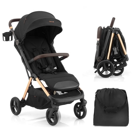 Gromast 3 in 1 Baby Stroller, Portable Travel Newborn Toddler Stroller with Cup Holder & UPF 50+ Canopy, One-Hand Automatic Folding - Black