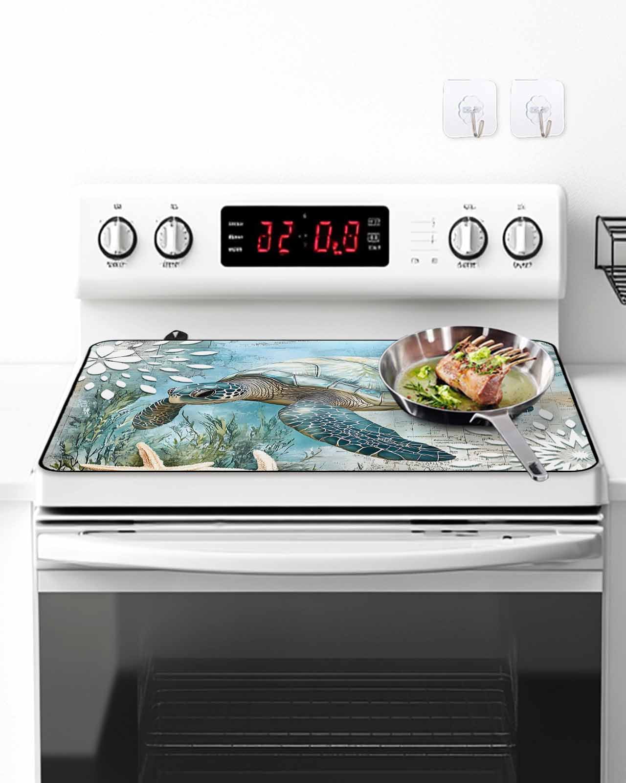 Stove Top Covers for Electric Stove, Sea Turtle Coastal Glass Stovetop Cover Protector, Summer Beach Teal Coral Starfish Induction Cooktop Protector Oven Mat for Kitchen Countertop 28.5"x20.5"
