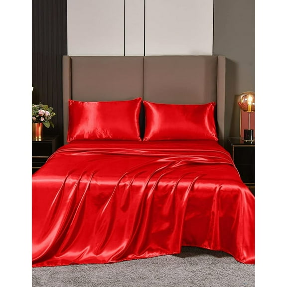 Cloud Fino Silk Satin Sheet Set- 6 Piece Sheet Set- Full Size Sheet Set- Rich Quality 20" Deep Pocket Sheets- Luxury Hotel Bed Sheets- Blood Red
