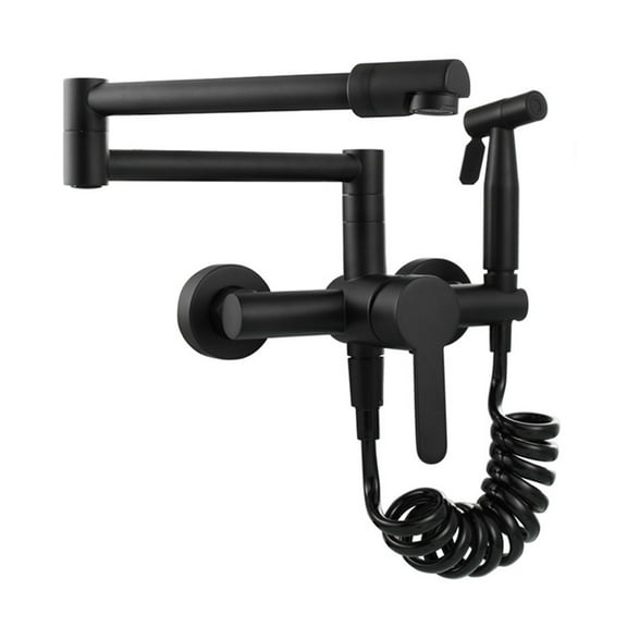 Wall Mount Retractable Pot Filler Kitchen Faucet Swing Arm Folding Mixer Tap With Side Sprayer, Matte Black ,Bar Laundry RV Farmhouse