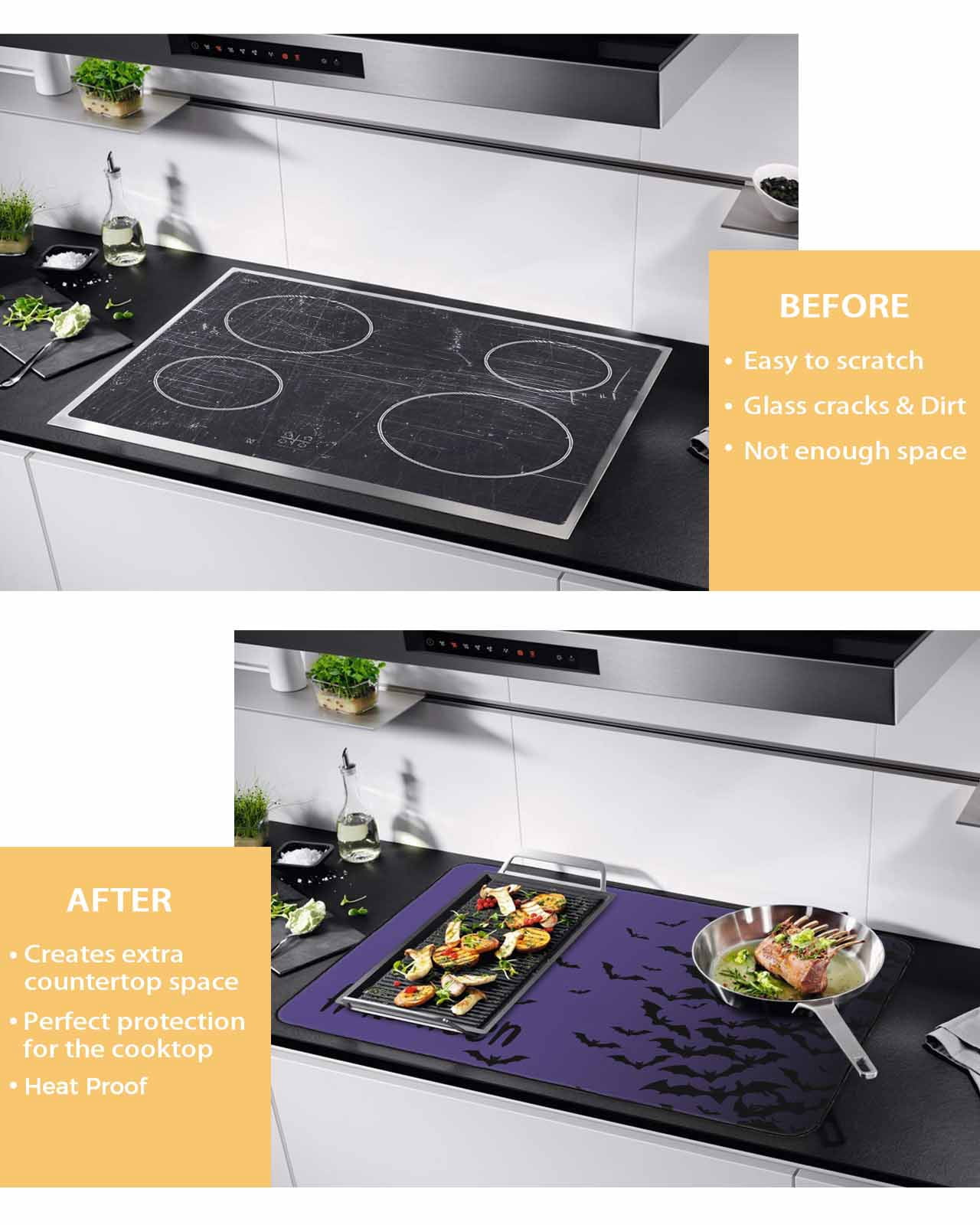 Large Induction Cooktop Protector Mat Halloween Stove Top Covers for Electric Stove, Fall Horror Spooky Bats Gradient Black Purple Decorative Stove Burner Cover Mats, Glass Top Stove Cover