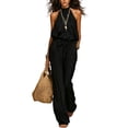 thumbnail image 5 of BODOAO Women's Summer Jumpsuits 2026 Trendy Sleeveless Backless Clothing Tie Up Smocked Wide Leg Linen Rompers Boho Pants Casual Going out One Piece Outfits Black L, 5 of 6