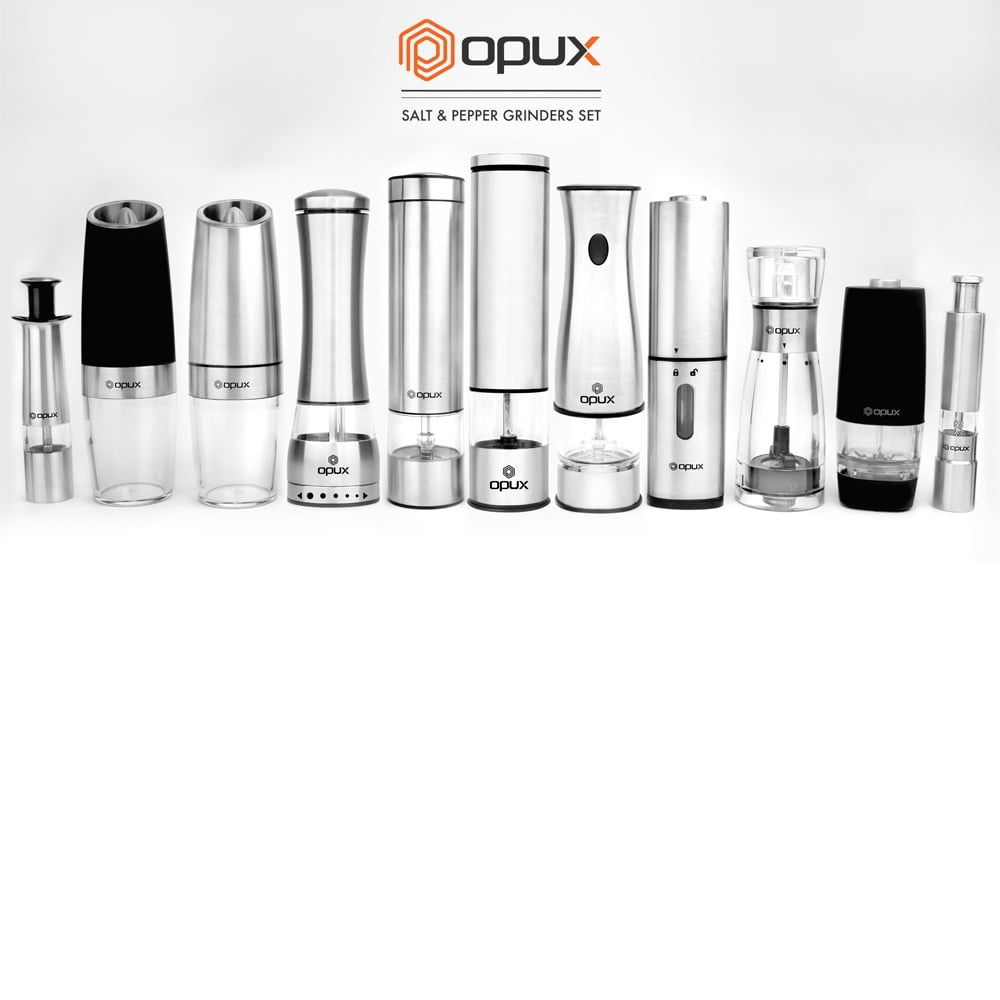 OPUX Battery Operated Salt and Pepper Grinder Set, Electric Pepper Mill, Automatic  Salt Grinder with LED Light, Bottom Cover, Brushed Stainless Steel  Shakers,…