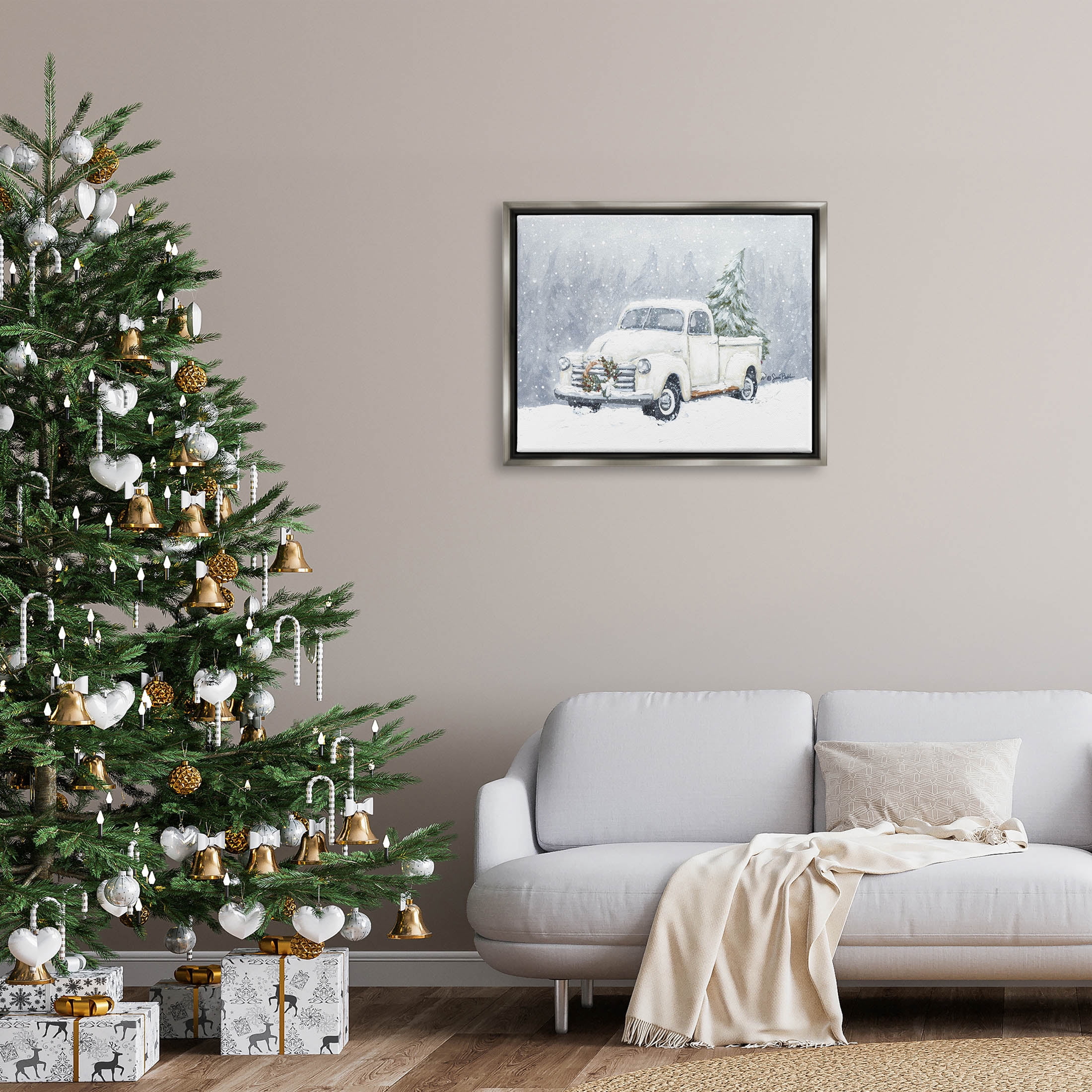 Seasonal Niveous Snow Truck Scene Holiday Painting Luster Gray Framed Art Print Wall Art