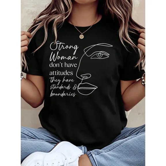 Strong Woman Standards and Boundaries Inspirational Quote Graphic T-Shirt for Women, Minimalist Line Art Face Design, Black Short Sleeve Tee