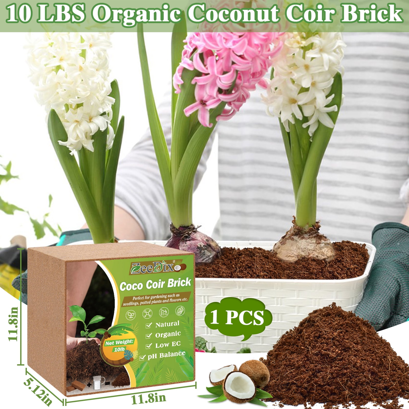 ZeeDix 10lb of  100% Organic Coco Coir Bricks with Low EC and pH Balance High Expansion Coco Fiber for Herbs, Flowers,Plants Gardening Renewable Coconut Soil