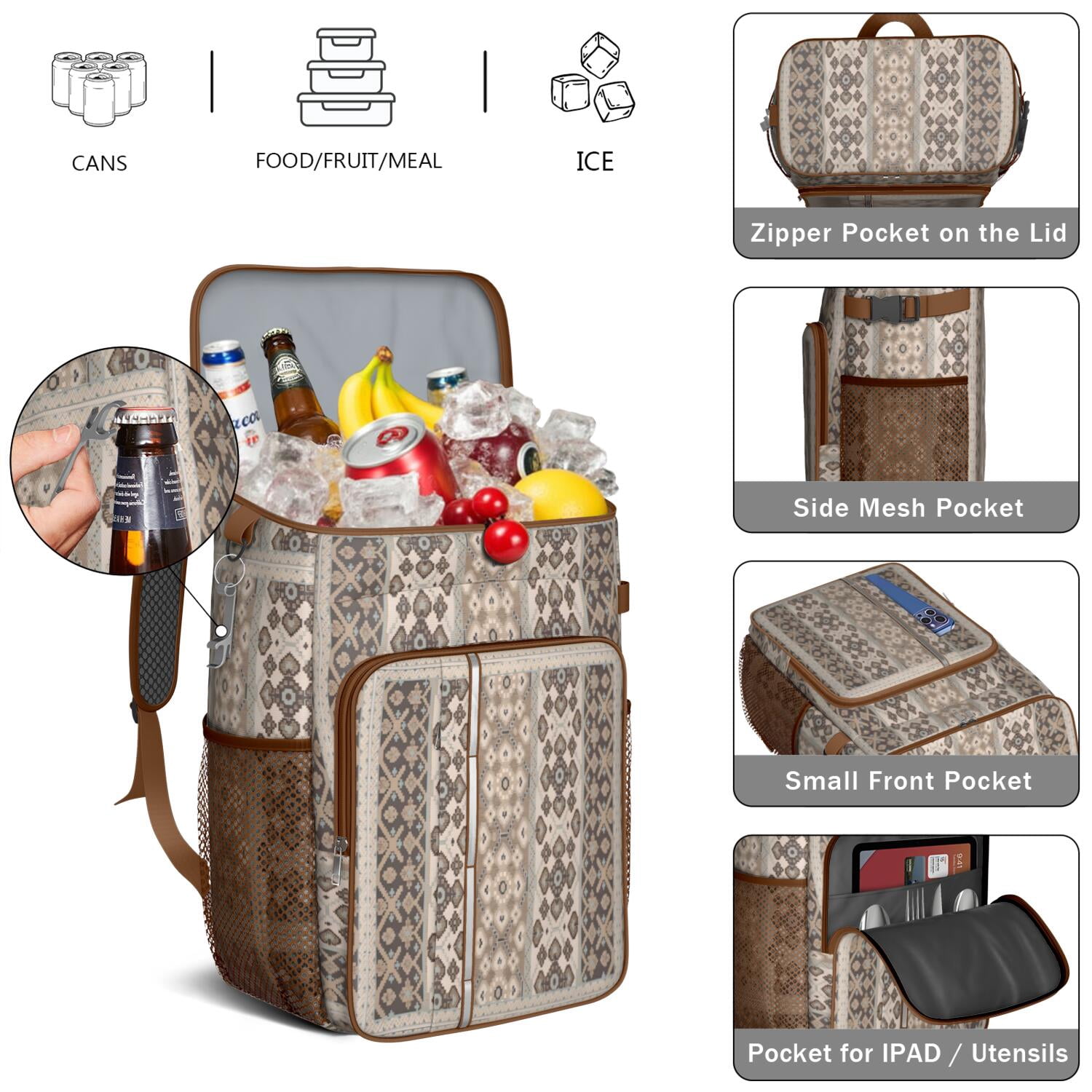 Travel Cooler Bag - Boho Bohemia Pioneer Flower Geometric Line Art Camping Beer Cooler Backpack with Bottle Opener- Waterproof Insulated Picnic Backpacks - Cooler Bag for Beach