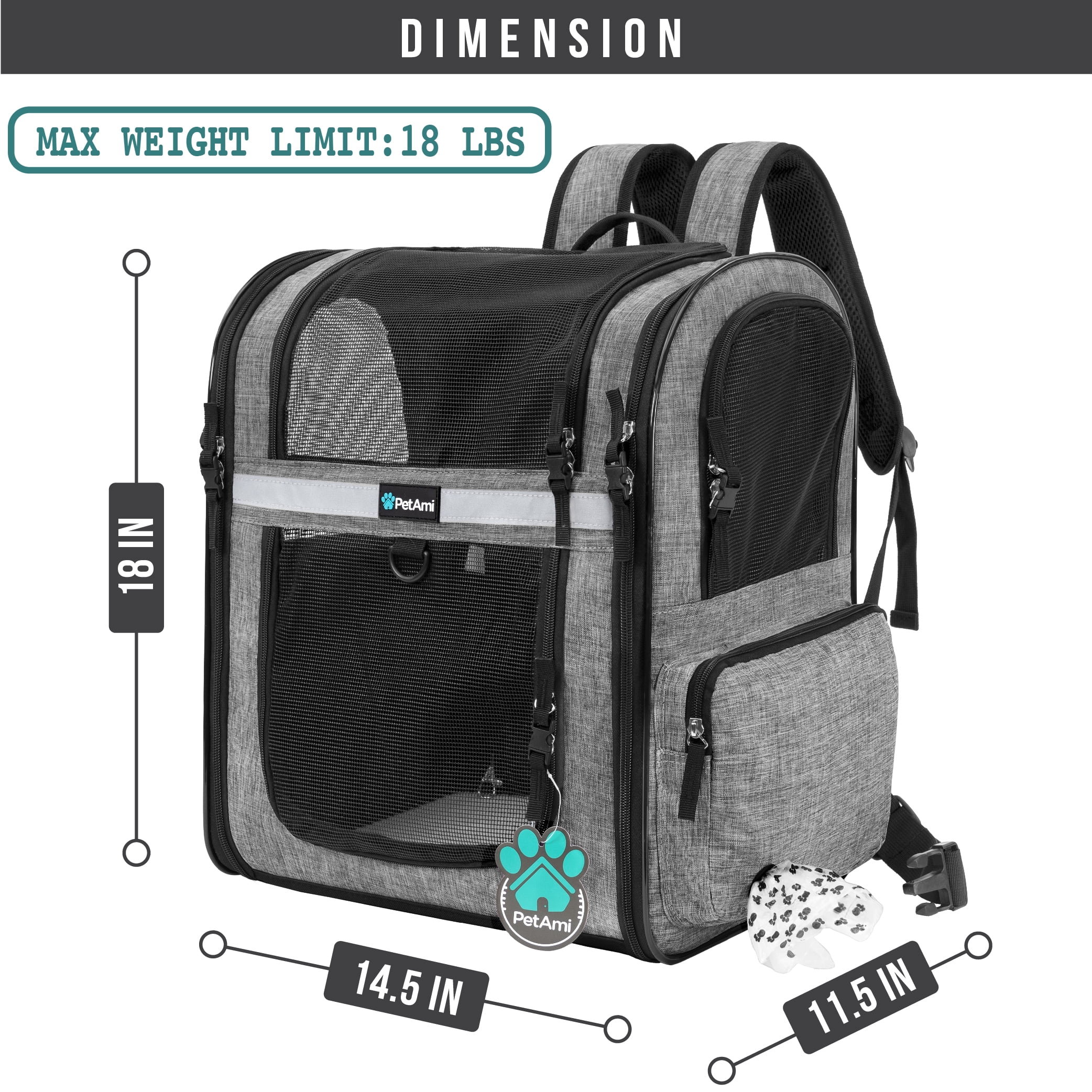 PetAmi Dog Backpack Carrier For Small Large Cat, Pet, Puppies, Ventilated Pet Hiking Backpack Travel Bag, Airline Approved Cat Backpack Carrier, Safety Back Support, Camping Biking, Max 18 lbs, Grey
