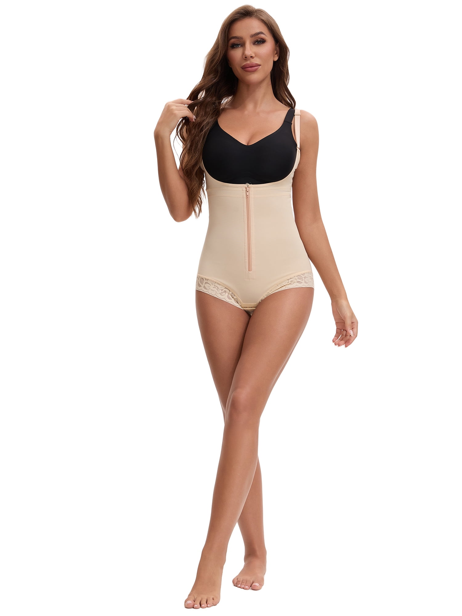 Unique Bargains Front Zipper Tummy Control Full Bodyshaper Beige XL