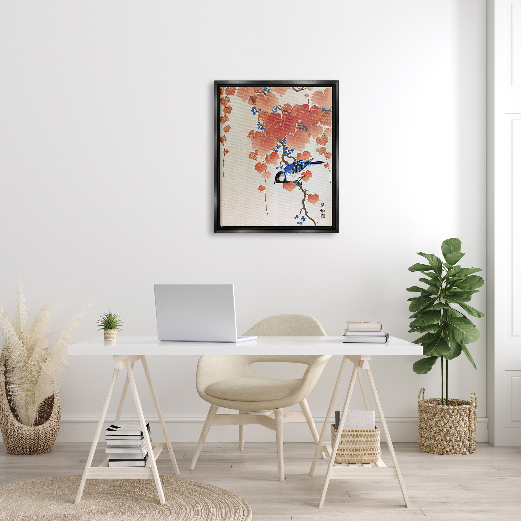 Stupell Industries Koolmees op Paulownia Tak Ohara Koson Classic Bird Painting Painting Jet Black Floating Framed Canvas Print Wall Art, Design by one1000paintings