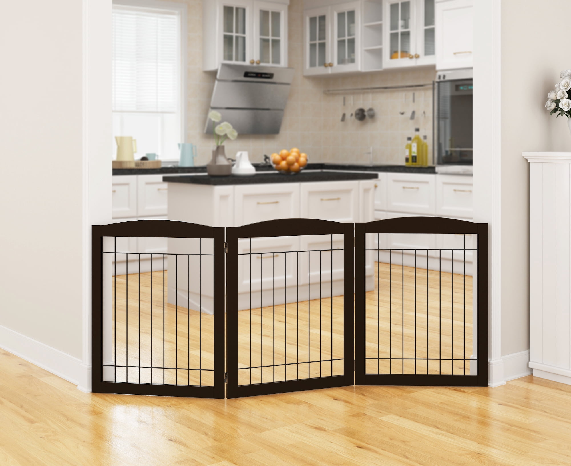 STAROUS Wooden Freestanding Wire Pet Gate for Dogs, 3 Panel Step Over Fence, Dog Gate for The House, Doorway, Stairs, Extra Wide Tall Pet Safety Fence (Espresso, 30" Height-3 Panels)