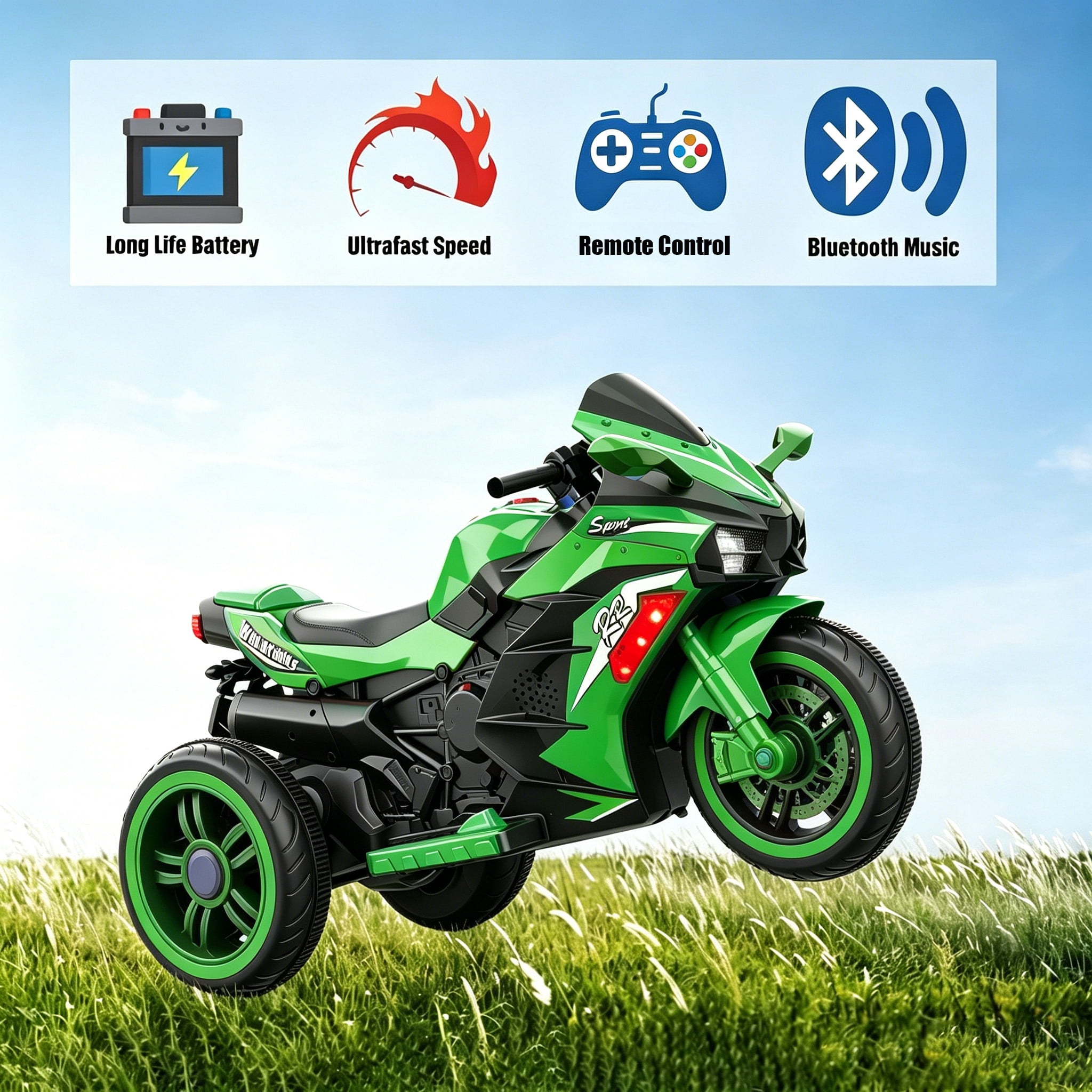 HNH Kids Motorcycle Ride On Car with Remote Control, 12V Electric Motorbike for Kids, LED Tire and Bluetooth Music, Ride On Car Gift