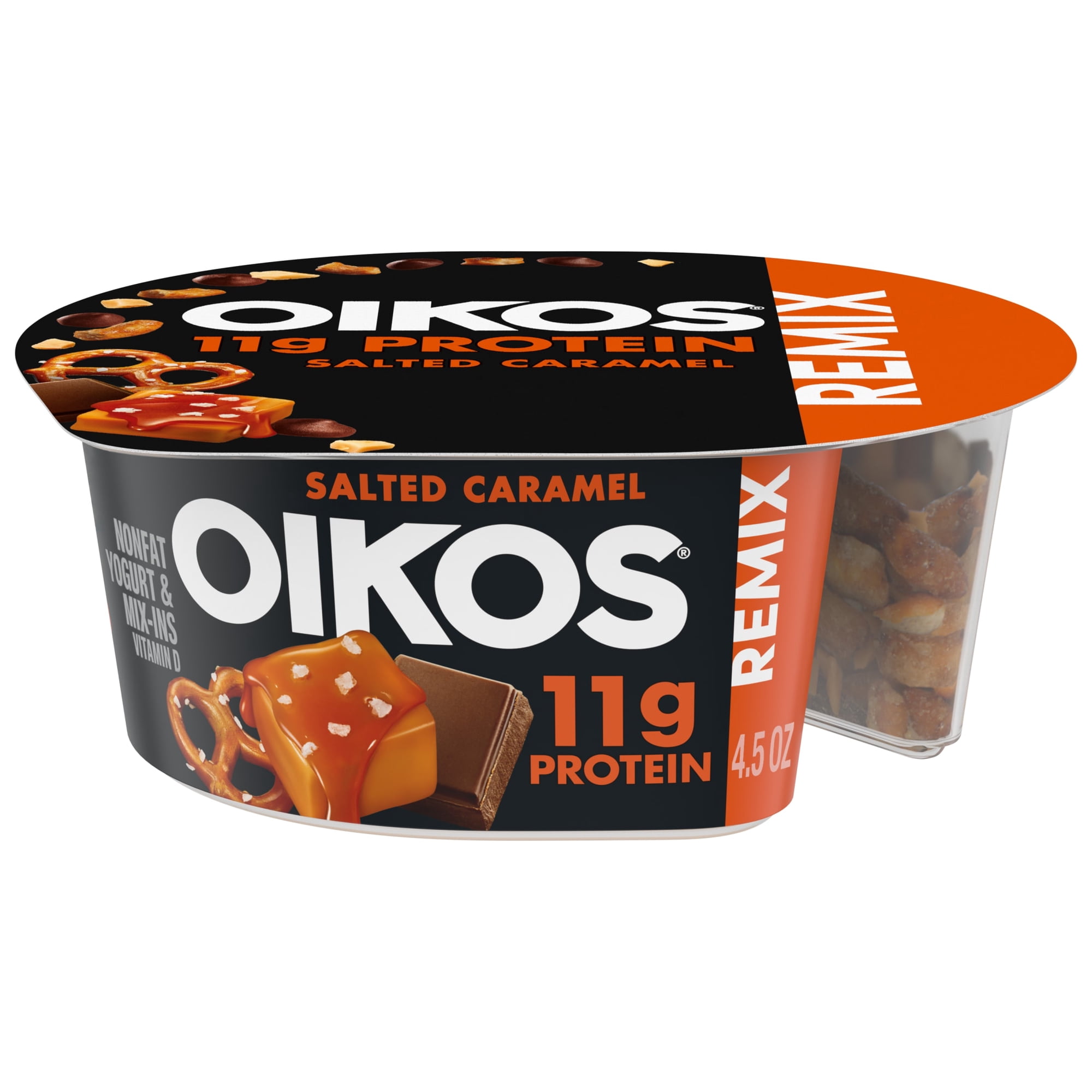 Oikos REMIX Salted Caramel 11g Protein Caramel Nonfat Greek Yogurt with Sea Salt Praline Pretzels, Dark Chocolate and Butter Toffee Mix-Ins, 120 Calories, Great for Office Snacks, 4.5 oz Cup