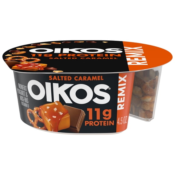 Oikos REMIX Salted Caramel 11g Protein Caramel Nonfat Greek Yogurt with Sea Salt Praline Pretzels, Dark Chocolate and Butter Toffee Mix-Ins, 120 Calories, Great for Office Snacks, 4.5 oz Cup