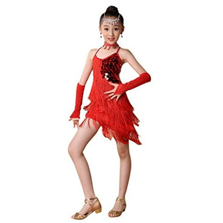 Happy Cherry Little Girls Active Sports Dancing Ballroom Costumes Clothes Dancing Practice Double Tassel Sequin Backless Dres