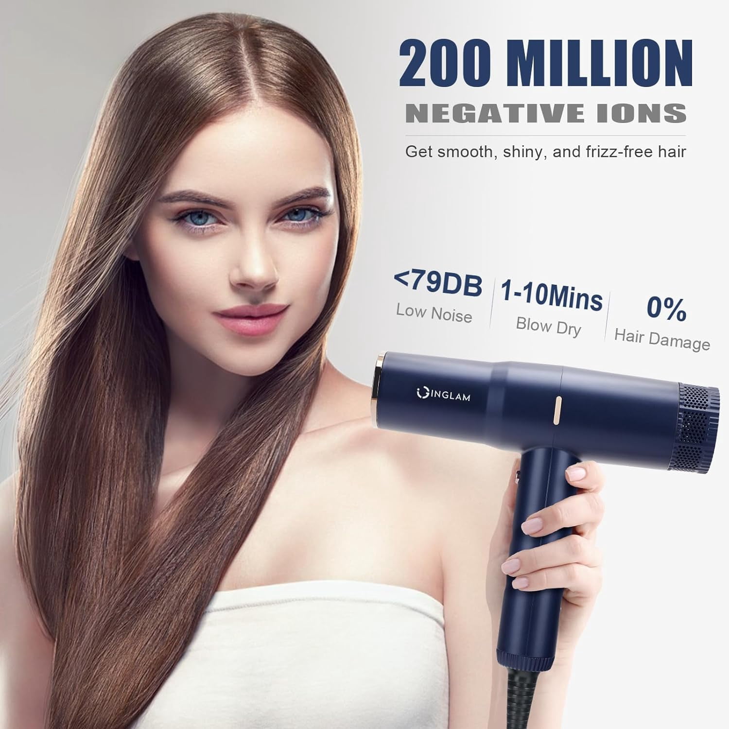 IG INGLAM 1875W ALCI Safety Plug, Lightweight Hair Dryer, 110,000 RPM Brushless Motor, Negative Ion Generator, 3 Heat & Speeds Settings, Auto Clean Function, Portable, 125V, 60HZ