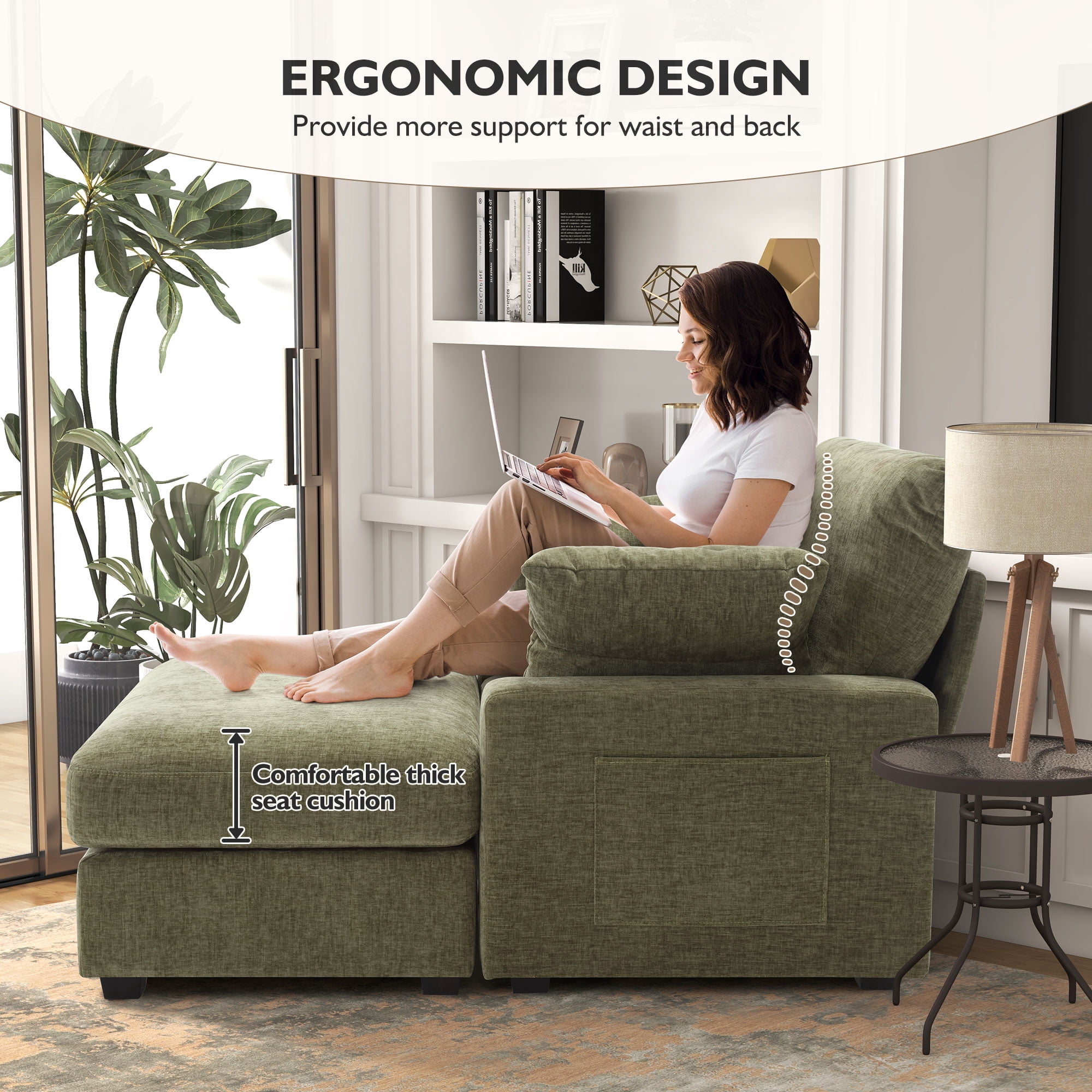 BedLuxury Oversized Accent Chair with Ottoman for Living Room,  Single Sleeper Sofa Armchair with 3 Pillows, Lounge Sofa Bed, Green