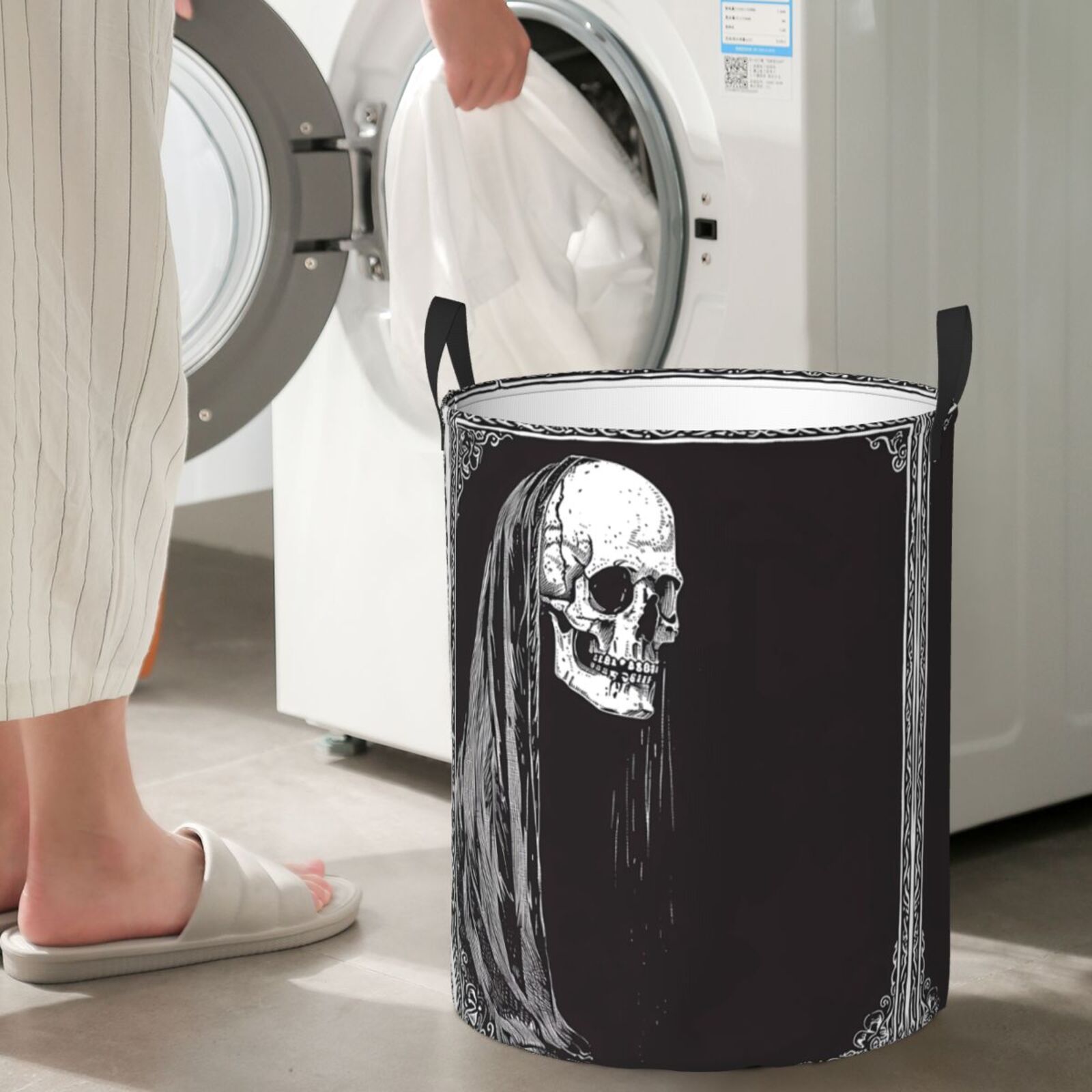 Large Laundry Basket with Handles - Gothic Skull Drape Kids Baby Dirty Clothes Laundry Hamper for Bedroom Aesthetic