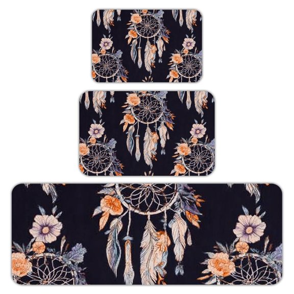 RKSupls Kitchen Rug Set 3 Piece Anti-Slip Flannel Floor Mats, Dreamcatchers Flowers Pattern Washable Absorbent Runner Mats for Kitchen Bathroom Home Decor