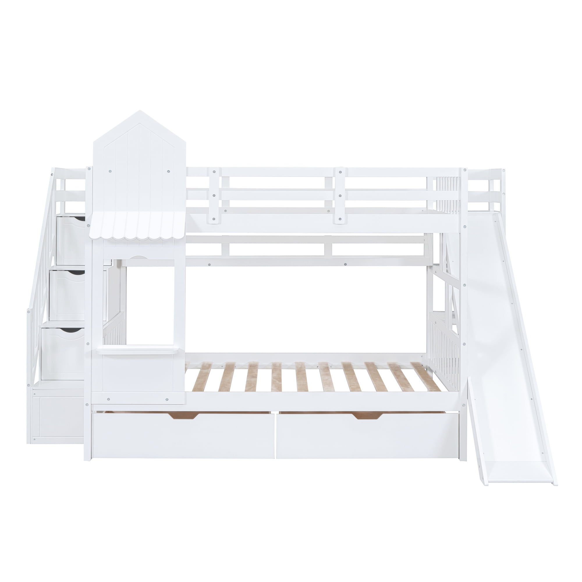 Full over Full Bunk Bed for Kids, Castle Style Bunk Beds with 2 Drawers, Slide and Storage Shelves, Solid Wood Bunk Bed Frame for Kids Girls Boys Teens