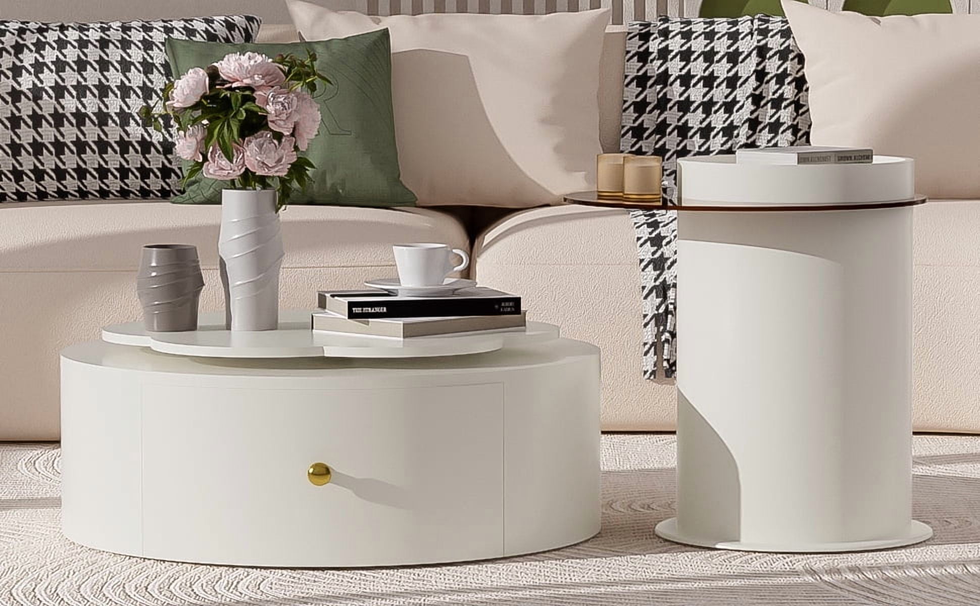 Euroco Rotating Flower-Shaped Coffee Table Set with Glass Side Table & Storage Drawers