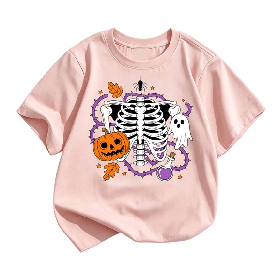 XEGLSBU T-Shirts for Girls Boys Halloween Printed Short Sleeve Tops for Casual Summer Shirts Orange Size 11-12 Years