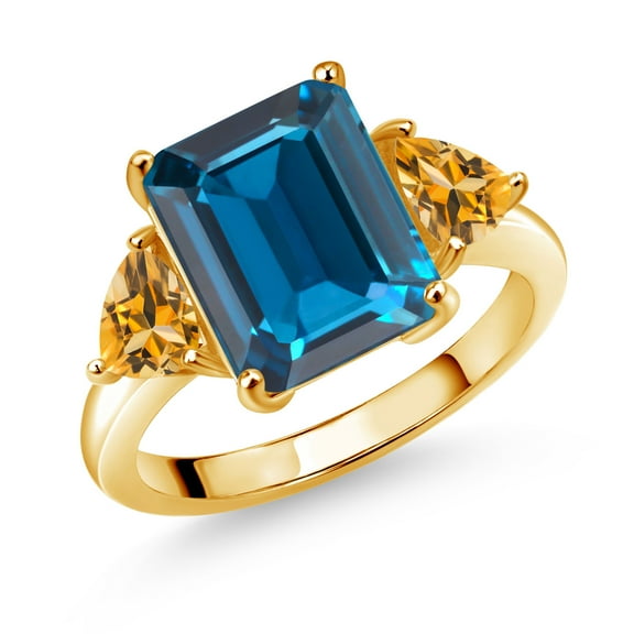 Gem Stone King 18K Yellow Gold Plated Silver London Blue Topaz and Yellow Citrine 3 Stone Ring for Women (8.32 Cttw, Emerald Cut 12X10MM, Trillion 5X5MM, Gemstone November Birthstone, Size 6)