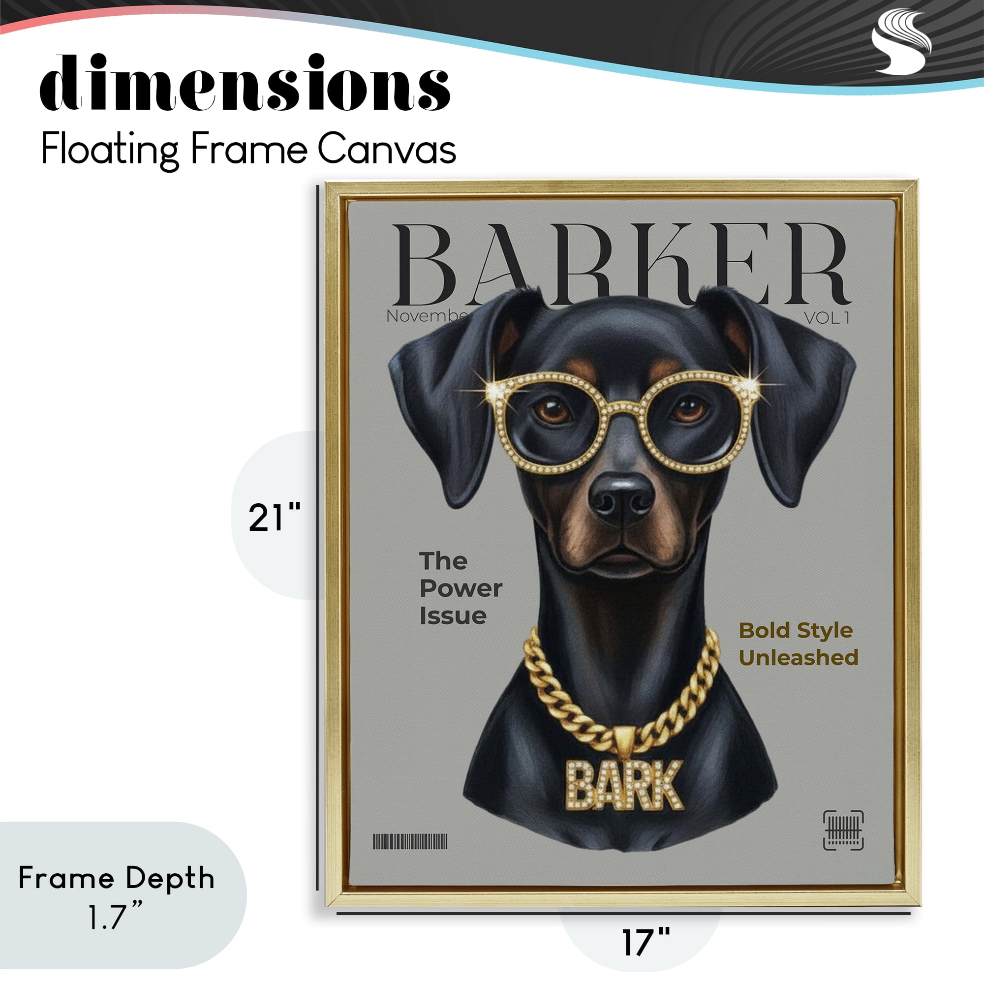 Stupell Industries Barker Dog Fashion Magazine Gold Framed Floater Canvas Wall Art, design by A Barefoot Stylist