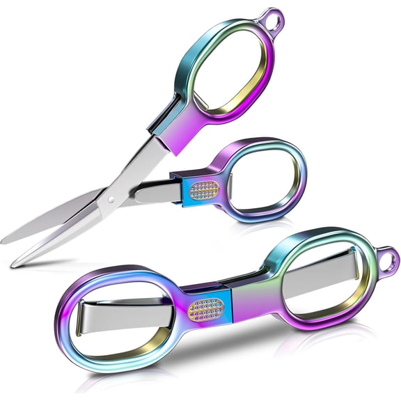 Mini Folding Scissors, Stainless Steel Portable Travel Scissors for Sewing, Crafts, Home and Office, Rainbow, 2 Count